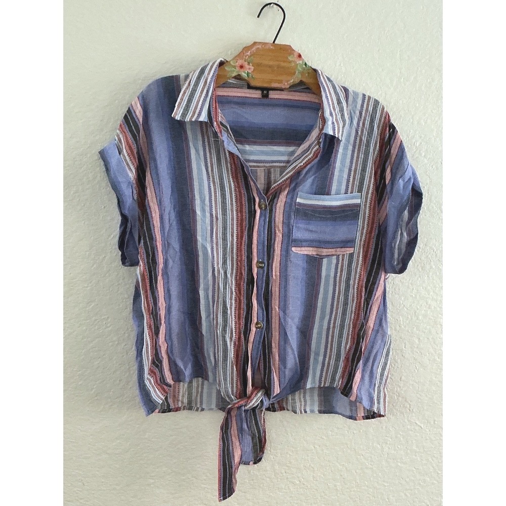 Always Indigo Button Down Shirt Size M Blue Pink Striped Tie Front Cotton Top